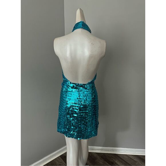 NWT Sau Lee Sequins Sleeveless Open Back Mae Mini Dress Peacock Blue Size 0 $395 - Picture 9 of 12